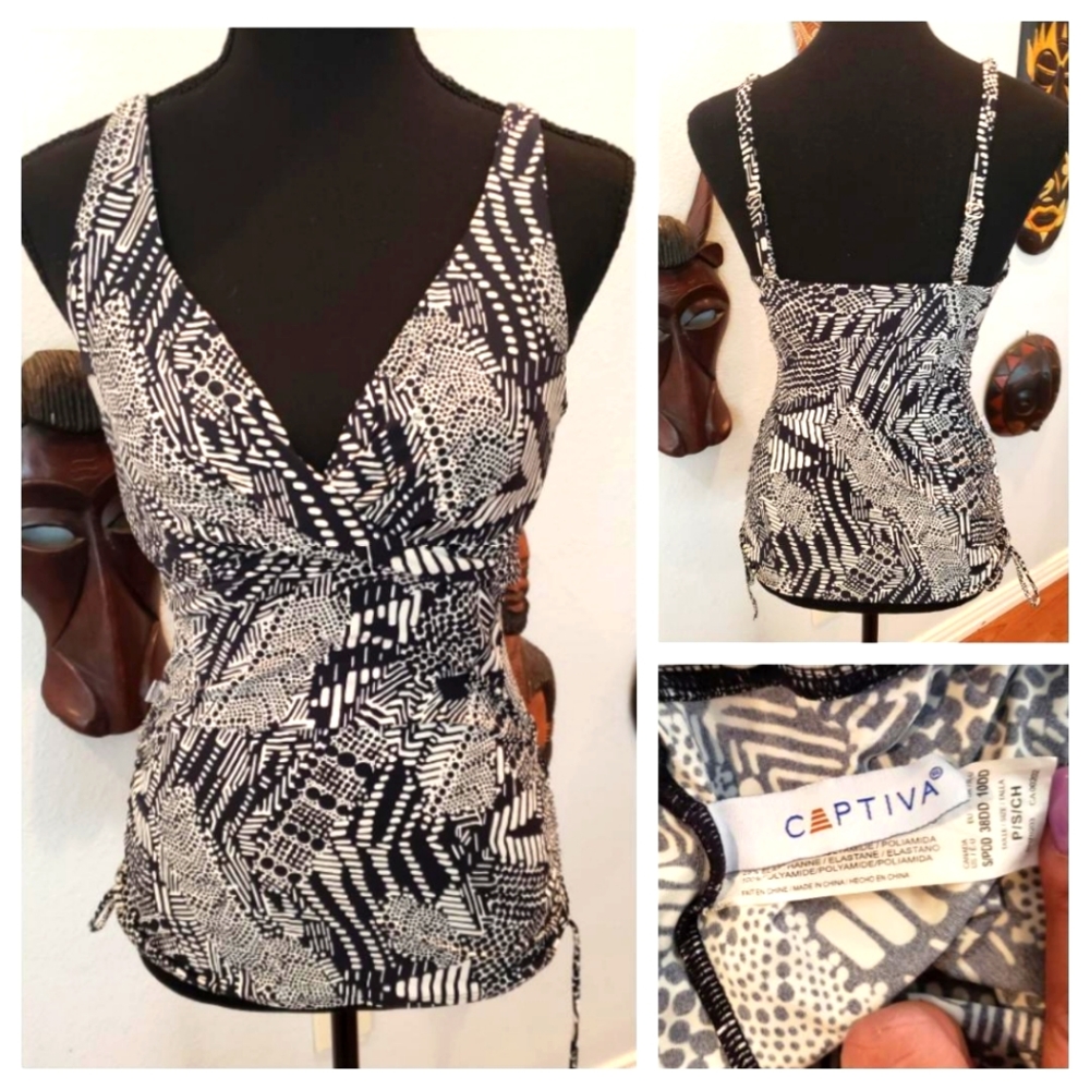 Black & White, Ruched Side, Women's Swim Tank Separate/DriFit-Type, Size S
